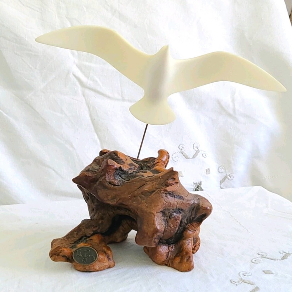 Vintage 70s Mid Century Signed John Perry Burlwood Seagull Beach sculpture